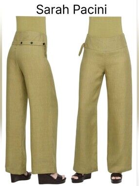 NWOT Sarah Pacini Olive-Green Wide-Leg Linen Pants Sz 2